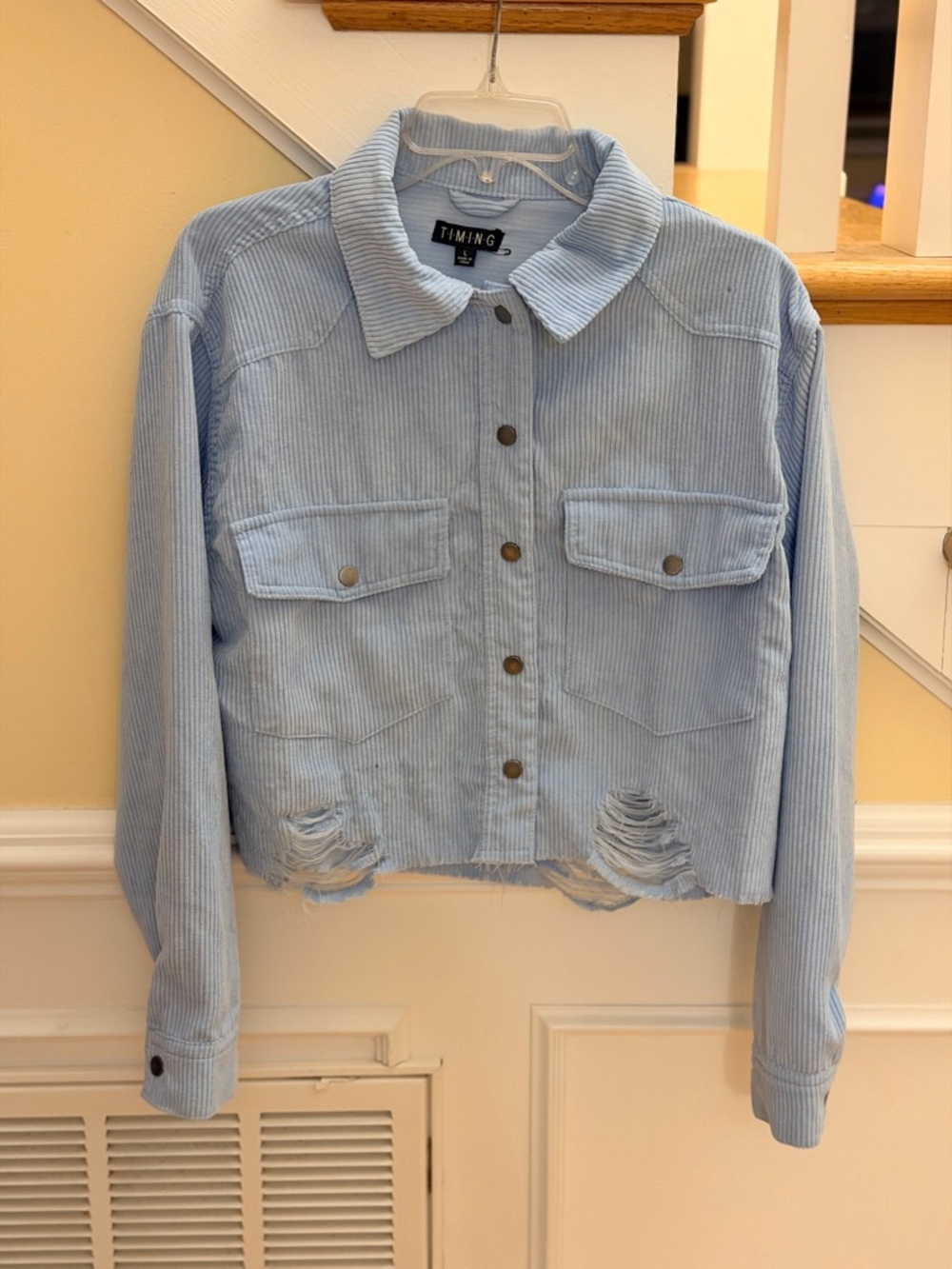 Ladies Size Large Timing Light Blue Corduroy Cropped Distressed Jacket GUC ❤️